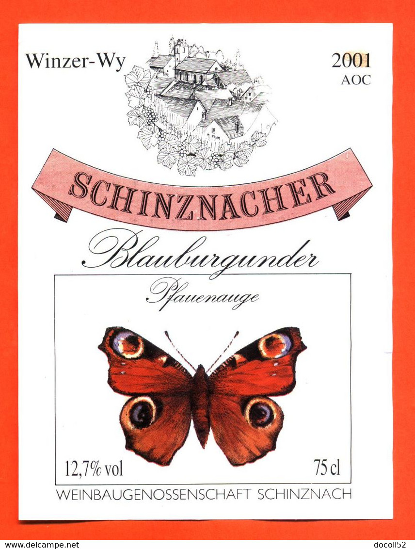 Etiquette De Vin Suisse Schinznacher Blauburgunder 2001 à Schinznach - 75 Cl - Papillon - Vlinders