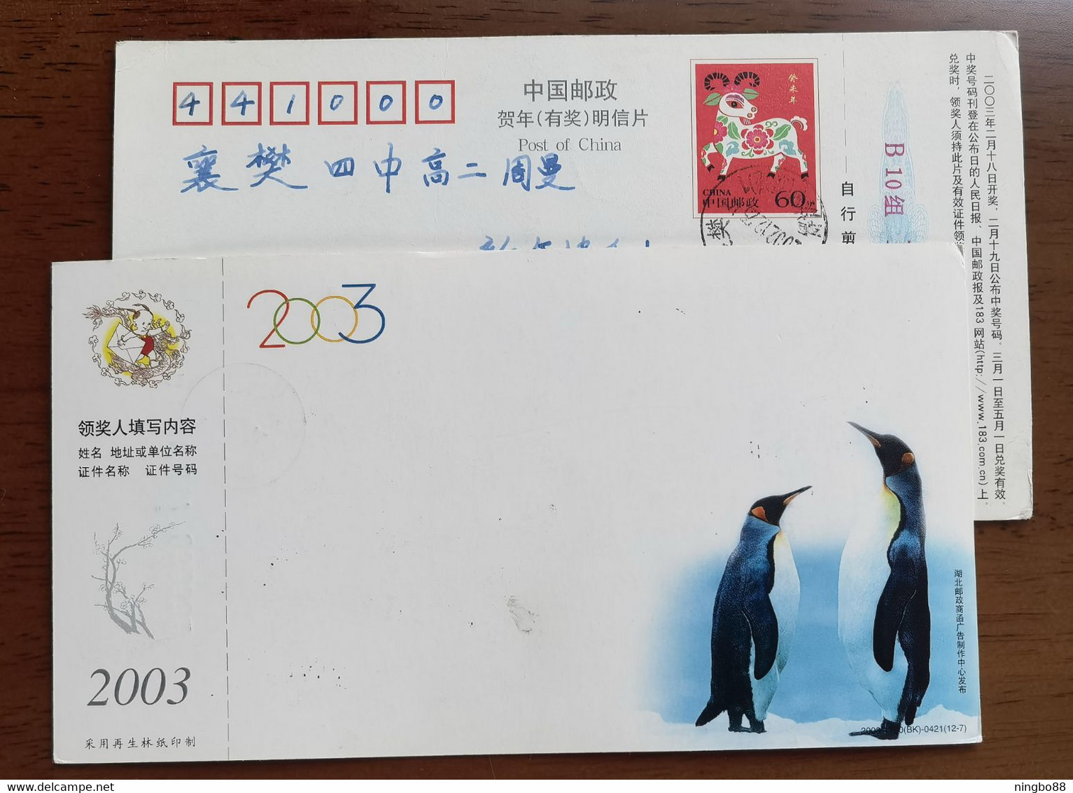 China 2003 New Year Greeting Pre-stamped Card Antarctic Penguin - Antarctische Fauna