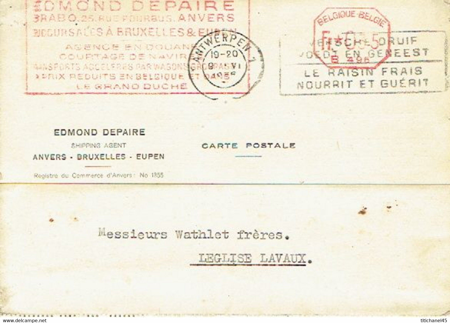 CP  EMA 0,35 Fr (B496 ) Logo EDMOND DEPAIRE Agence En Douane Courtage De Navires BRUXELLES- Obl.1936 + CP Publicitaire - ...-1959