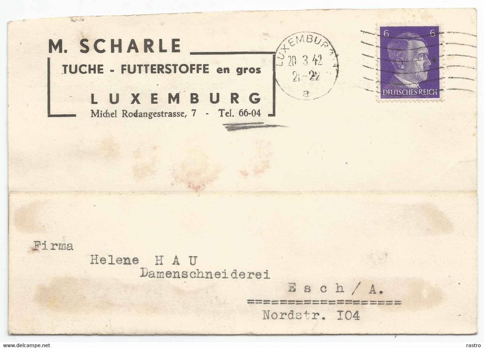 Courrier Commercial (tissus) Affr.  Au 6 Pf Violet (TP Allemand / Hitler) à Dest. De Esch/Alzette  (1942) - 1940-1944 Duitse Bezetting