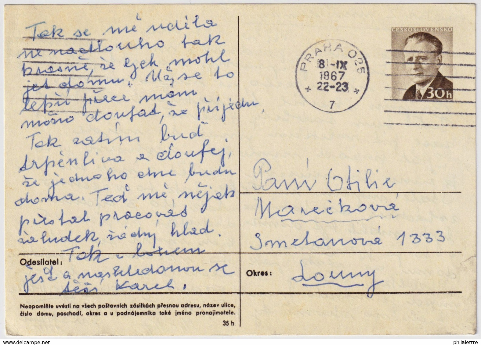 TCHÉCOSLOVAQUIE / CESKOSLOVENSKO - 1967 30h Brown Postal Card Mi.P167 - Used Prag To Louny - Ansichtskarten