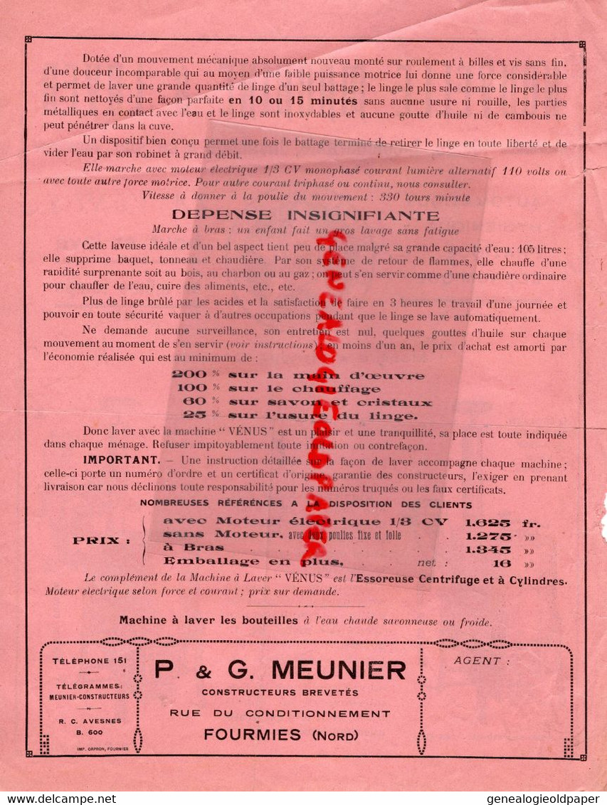 59-FOURMIES- RARE PROSPECTUS PUBLICITE MACHINE A LAVER LA VENUS-P. & G. MEUNIER CONSTRUCTEUR - Agricoltura