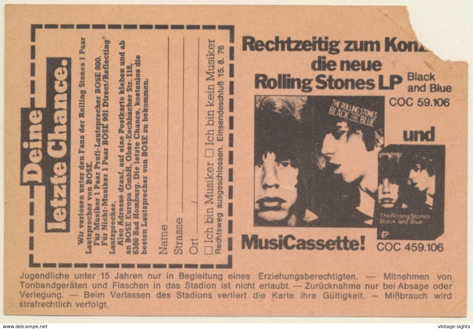 Stuttgart 19.6.1976: Rolling Stones Midsummer Concert (Rare Vintage Ticket) - Tickets De Concerts