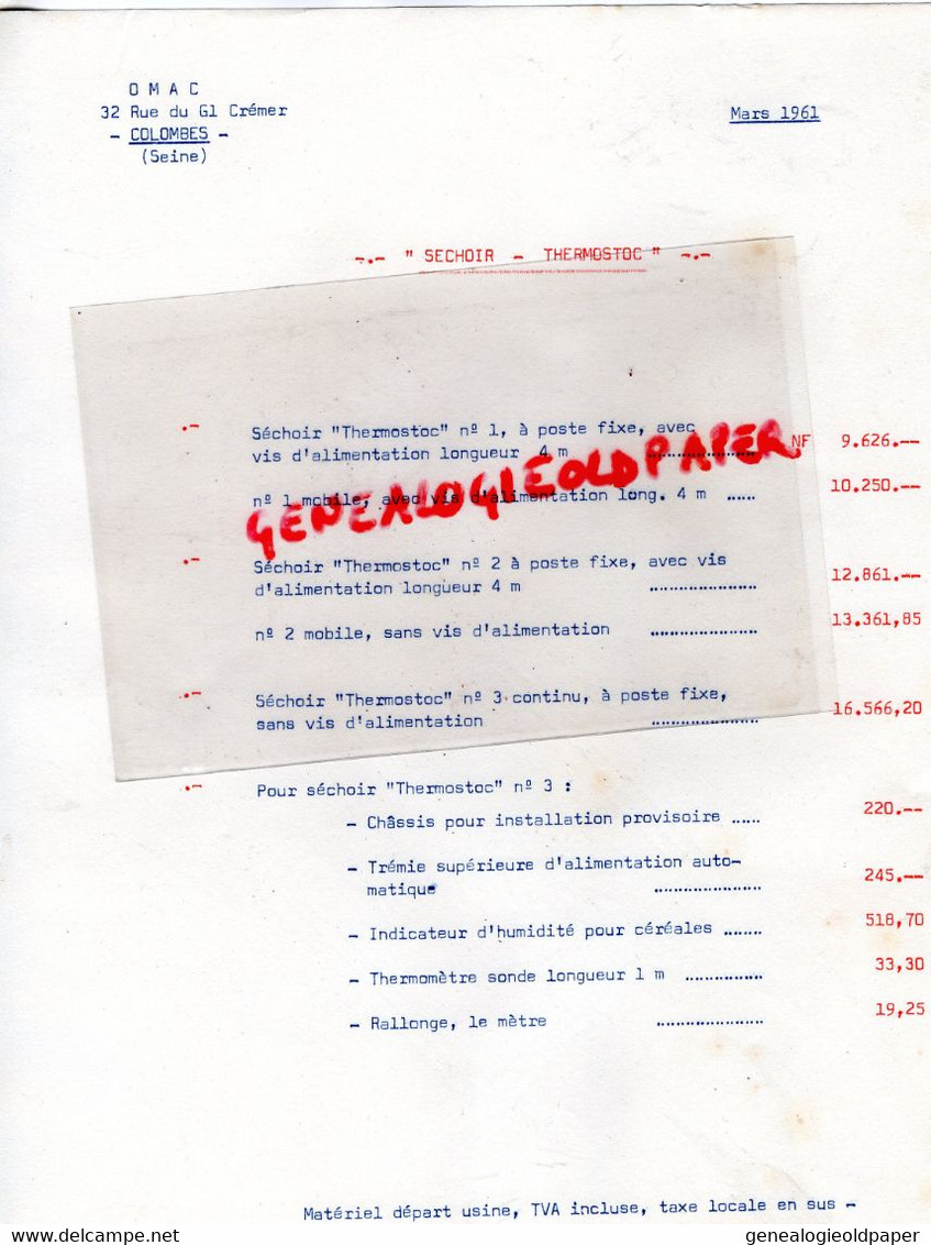 92- COLOMBES- PROSPECTUS PUBLICITE SECHOIR THERMOSTOC OMAC-AGRICULTURE 32 RUE GENERAL CREMER- + TARIFS - Landwirtschaft