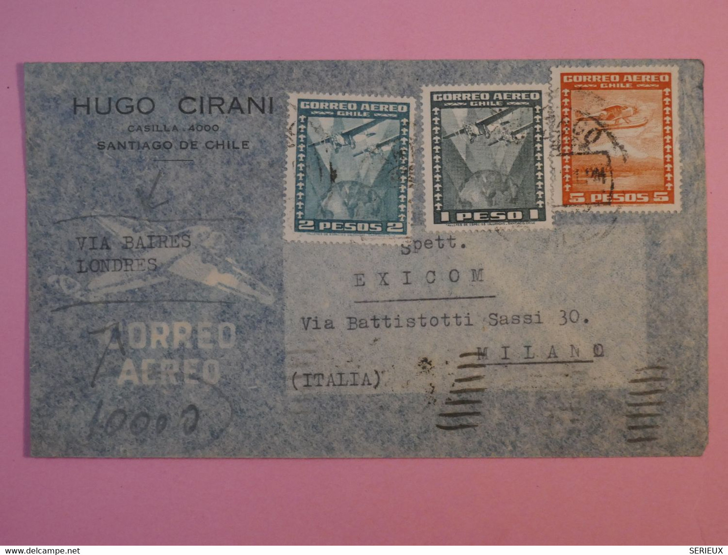 AP 40 CHILE  BELLE LETTRE 1946 PAR AVION SANTIAGO A MILANO  ITALIA +AEROPHIOLATELIE ++AFF. INTERESSANT + + - Chili