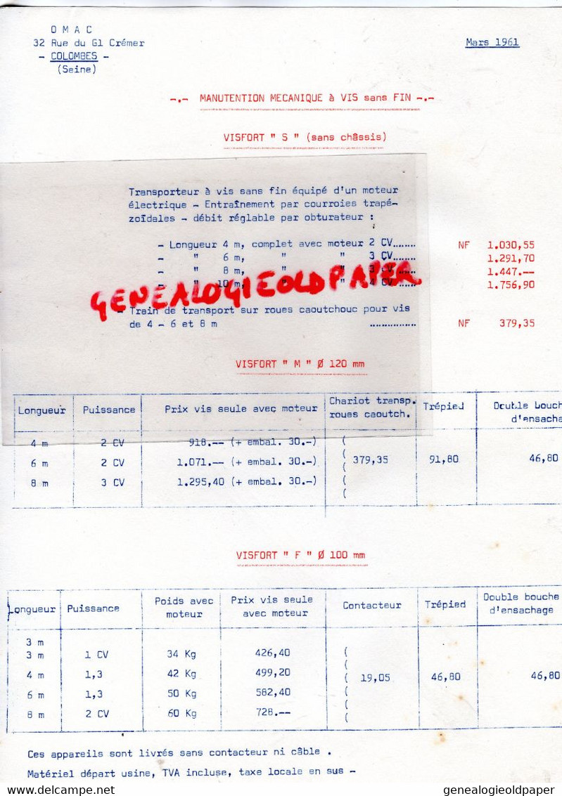 92- COLOMBES- PROSPECTUS PUBLICITEAIRFORT F TRANSPORTEUR AUTOMATIQUE OMAC-AGRICULTURE 32 RUE GENERAL CREMER-TARIFS - Landwirtschaft