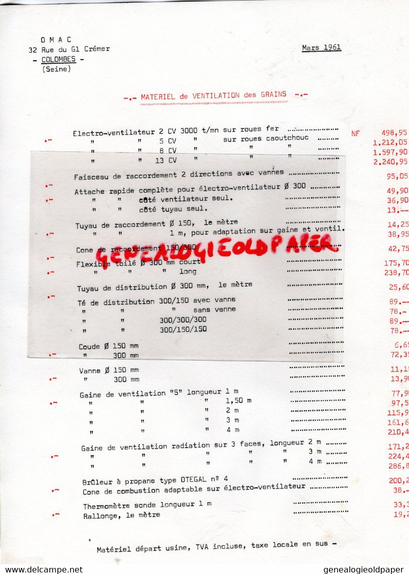 92- COLOMBES- PROSPECTUS PUBLICITEAIRFORT F TRANSPORTEUR AUTOMATIQUE OMAC-AGRICULTURE 32 RUE GENERAL CREMER-TARIFS - Landwirtschaft