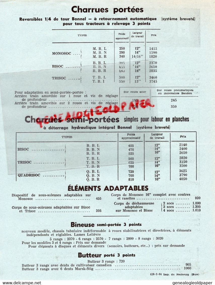 27- LE NEUBOURG- RARE PROSPECTUS PUBLICITE CHARRUE CHARRUES BONNEL-MOTOCULTURE AGRICULTURE-TRACTEUR - Landwirtschaft