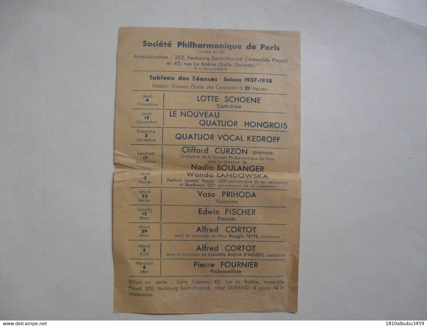 VIEUX PAPIERS - PROGRAMME : SOCIETE PHILHARMONIQUE DE PARIS : Le Nouveau QUATUOR HONGROIS 1937 - Programme