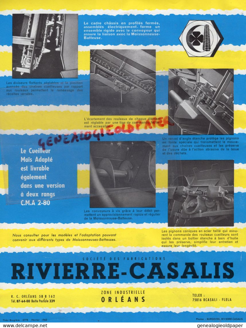 45-ORLEANS- PROSPECTUS PUBLICITE RIVIERE CASALIS-CUEILLEUR MAIS TRACTEUR-AGRICULTURE- ETS A. CASSIER BOURGES MOTOCULTURE - Landwirtschaft