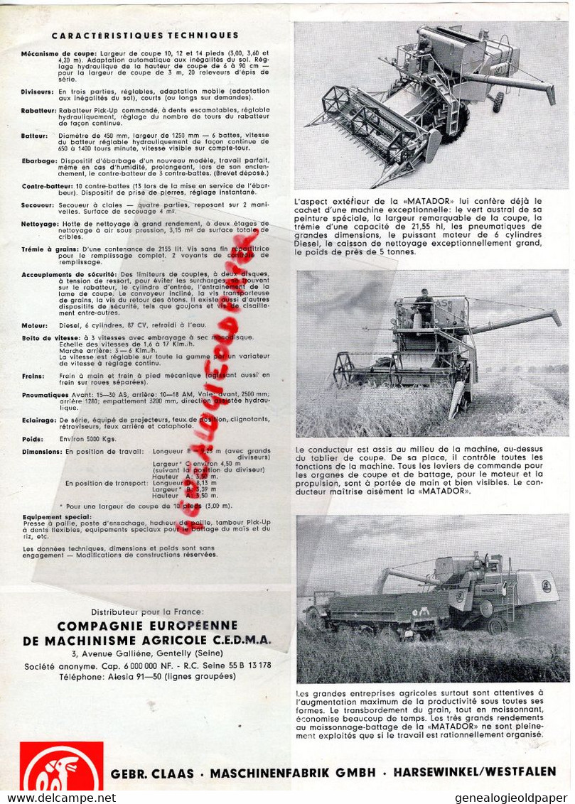 93-GENTILLY-PROSPECTUS PUBLICITE CLAAS MASCHINENFABRIK HARSEWINKEL WESTFALEN TRACTEUR-AGRICULTURE  MOTOCULTURE - Landbouw