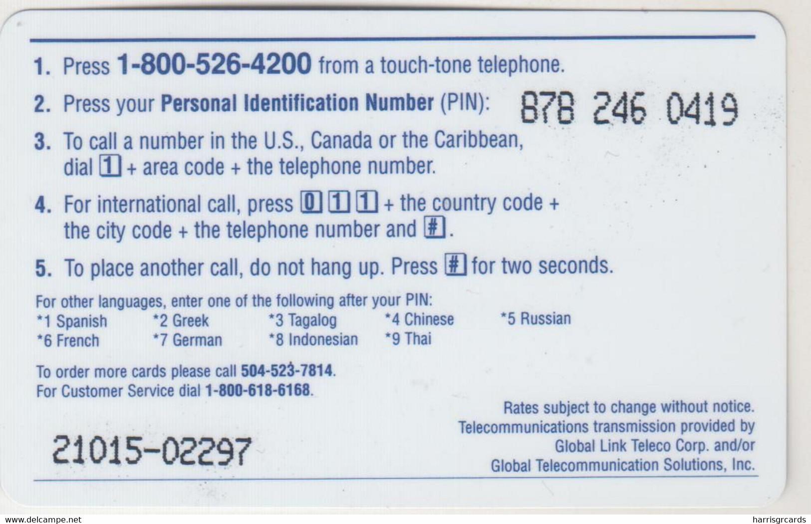 USA - Poli Card International, Global Link/PTC/NTT America  Prepaid Card , $10 , Used - AT&T