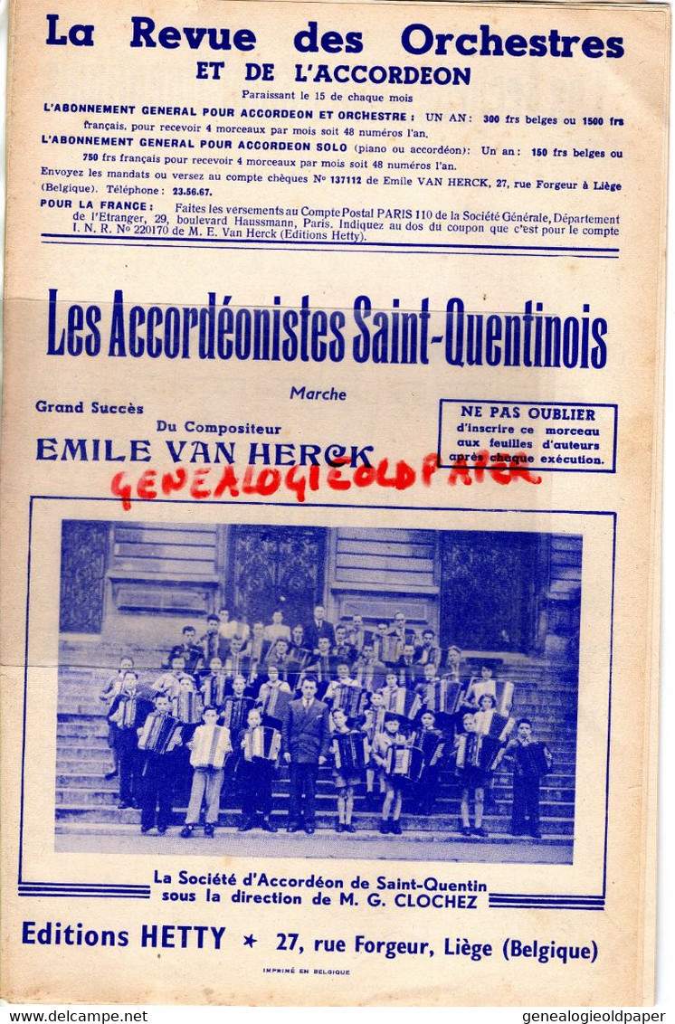 02- ST SAINT QUENTIN- PARTITION LES ACCORDEONISTES SAINT QUENTINOIS-EMILE VAN HERCK- G. CLOCHEZ-EDITEUR HETTY LIEGE - Scores & Partitions