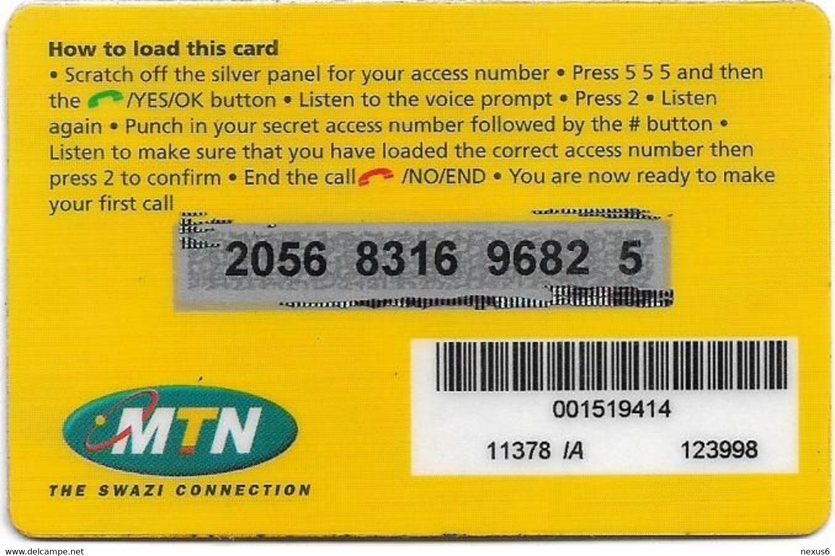 Swaziland - MTN - Pay-As-You-Go Access (Reverse A), GSM Refill 50E, Used - Swaziland