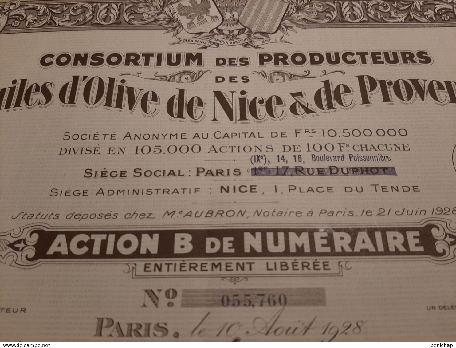 Consortium  Des Producteurs Des Huiles D'Olive De Nice & De Provence - Action B De Numéraire - Paris - Nice -  Juin 1928 - Landbouw