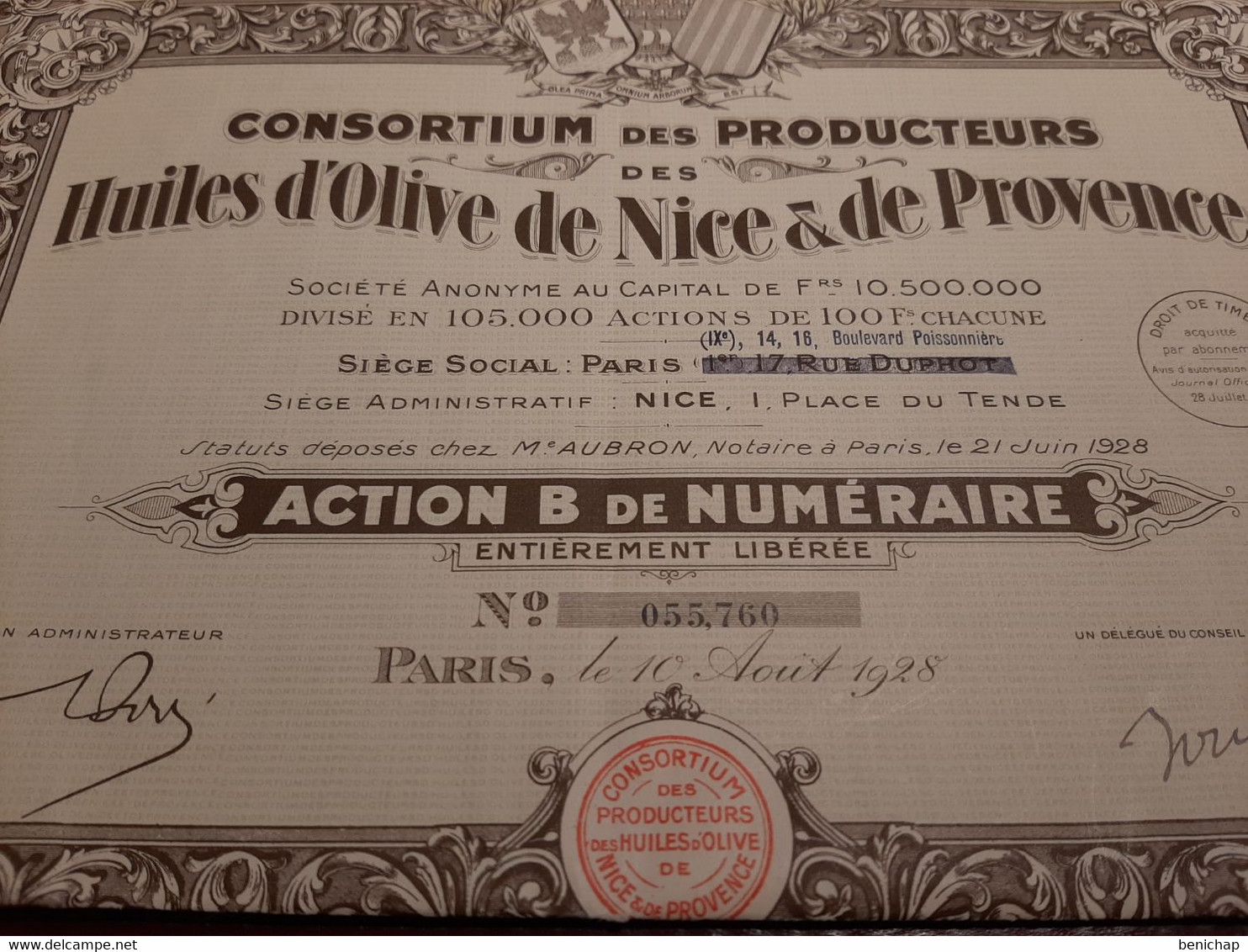 Consortium  Des Producteurs Des Huiles D'Olive De Nice & De Provence - Action B De Numéraire - Paris - Nice -  Juin 1928 - Agriculture