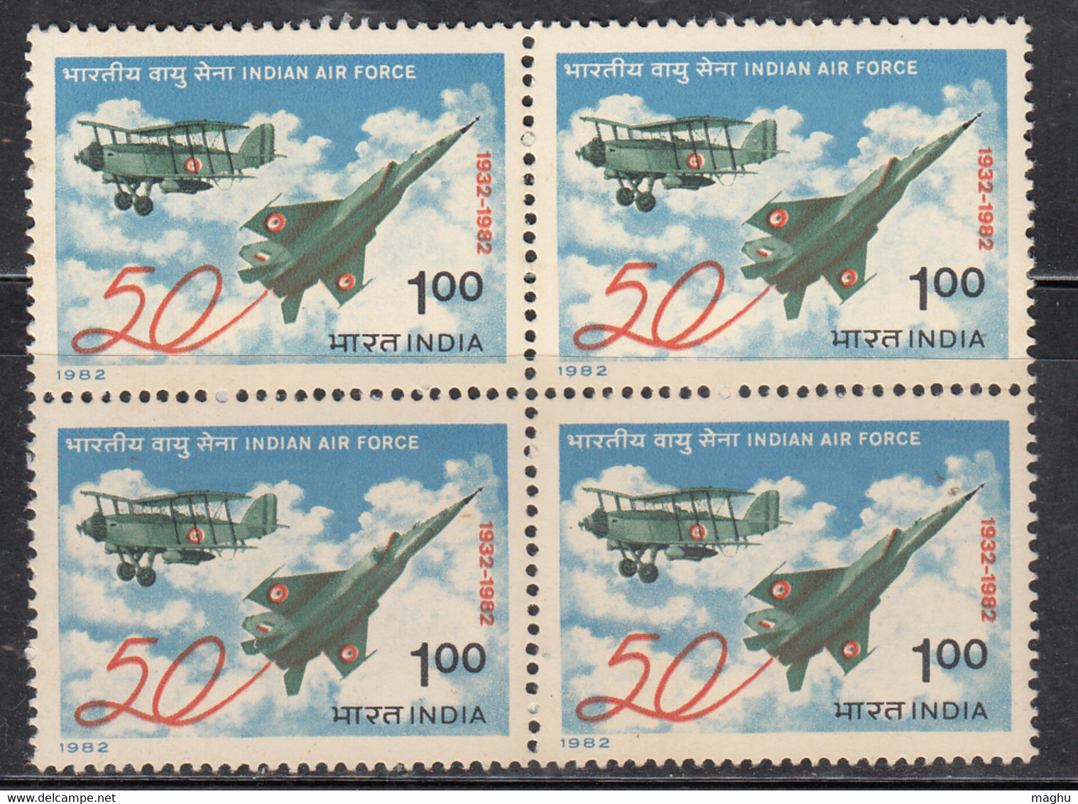 Block Of 4, India MNH 1982, Indian Air Force, Aviation, Airplane, Transport, MIG-25, Militaria,, Defence Airforce, - Blocks & Kleinbögen