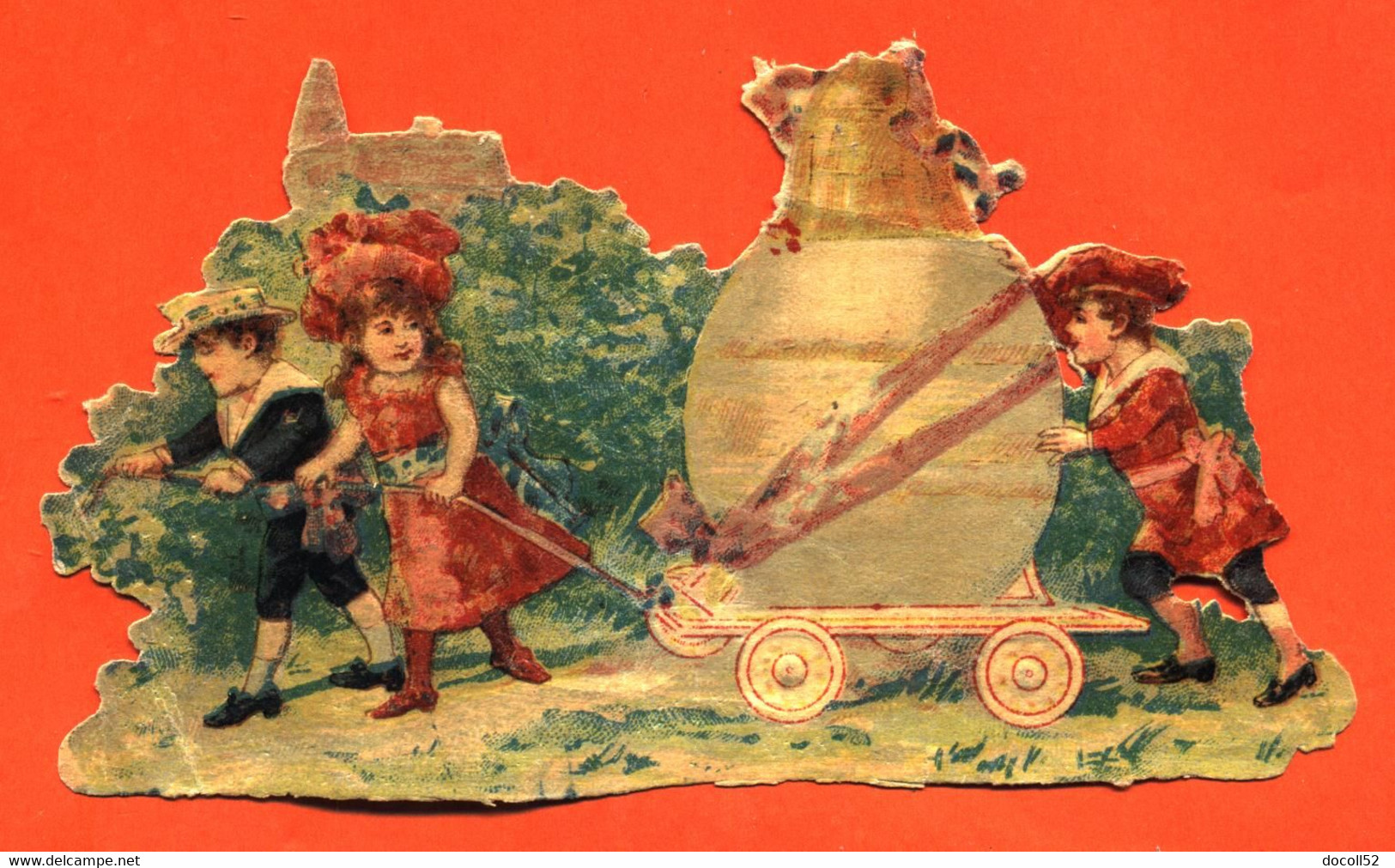 CHROMO DECOUPI Gaufré " Enfants Trainant Un Chariot Avec Oeuf Et Cloche " - Paasmotief