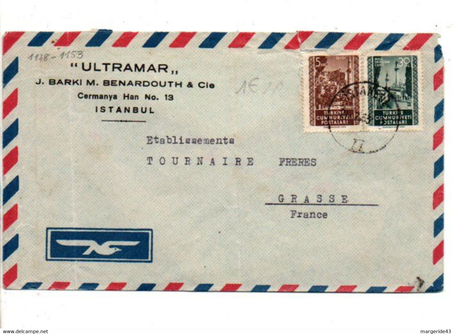 TURQUIE AFFRANCHISSEMENT COMPOSE SUR LETTRE A EN TETE DE ISTANBUL POUR LA FRANCE 1953 - Briefe U. Dokumente