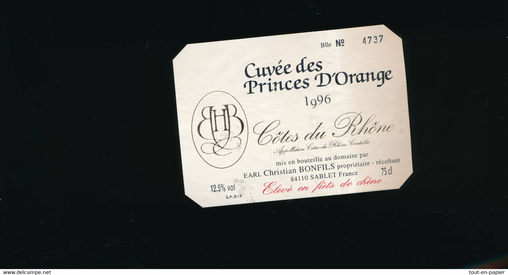 Etiquette  Vin  Cuvée Princes D'Orange Côte Du Rhône Christian Bonfils 1996 à Sablet 84110 - Compositores