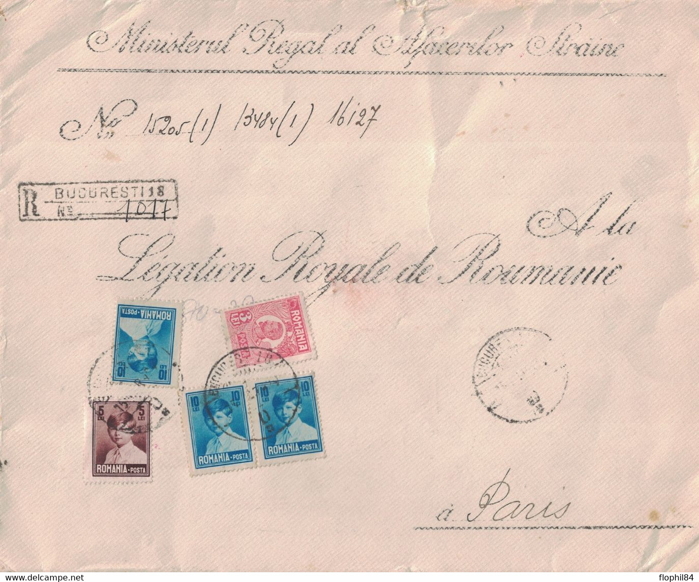 ROUMANIE - ENVELOPPE RECOMMANDEE CORRESPONDANCE OFFICIELLE POUR LA LEGATION ROYALE DE ROUMANIE A PARIS EN 1929. - Briefe U. Dokumente