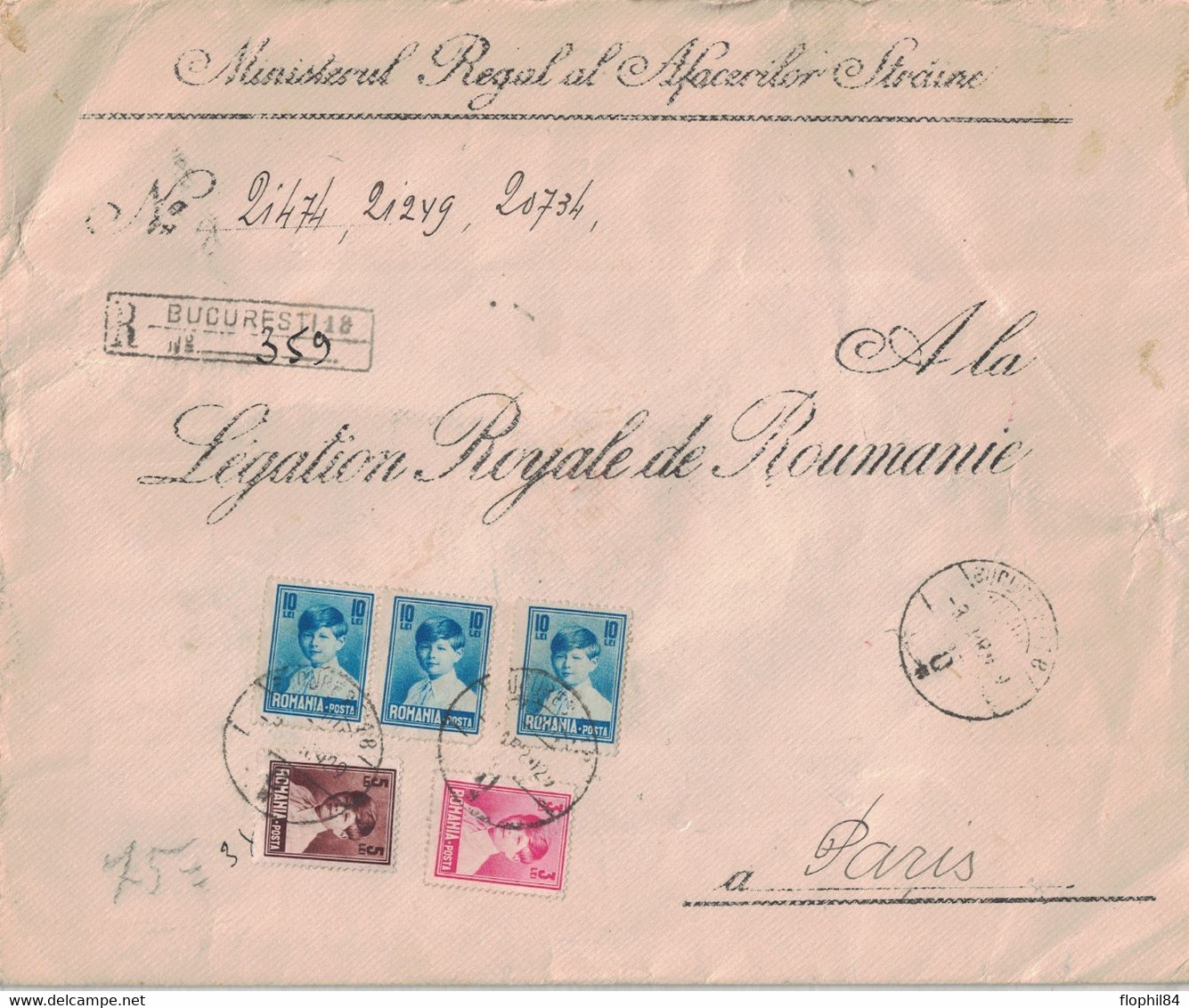 ROUMANIE - ENVELOPPE RECOMMANDEE CORRESPONDANCE OFFICIELLE POUR LA LEGATION ROYALE DE ROUMANIE A PARIS EN 1929. - Briefe U. Dokumente