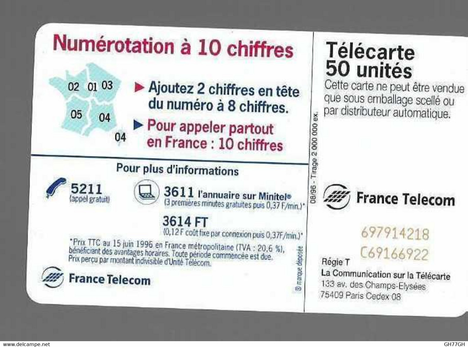 TELECARTE FRANCE TELECOM -numérotation à 10 Chiffres - Telecom Operators