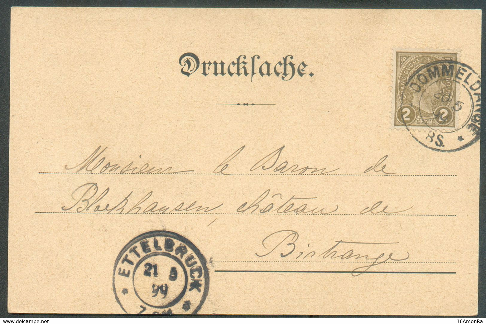 2 Cent. Brun Obl. Dc DOMMELDANGE Sur Carte Imprimée Du 20-5 1899 Vers Birtrange Via EttelbrucK.  - 20833 - 1895 Adolphe De Profil