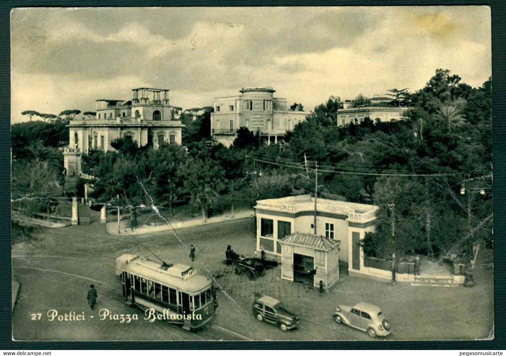 CLS021 - PORTICI NAPOLI - PIAZZA BELLAVISTA ANIMATA AUTO CAR AUTOBUS FILOBUS 1956 - SEGNI DEL TEMPO - Portici