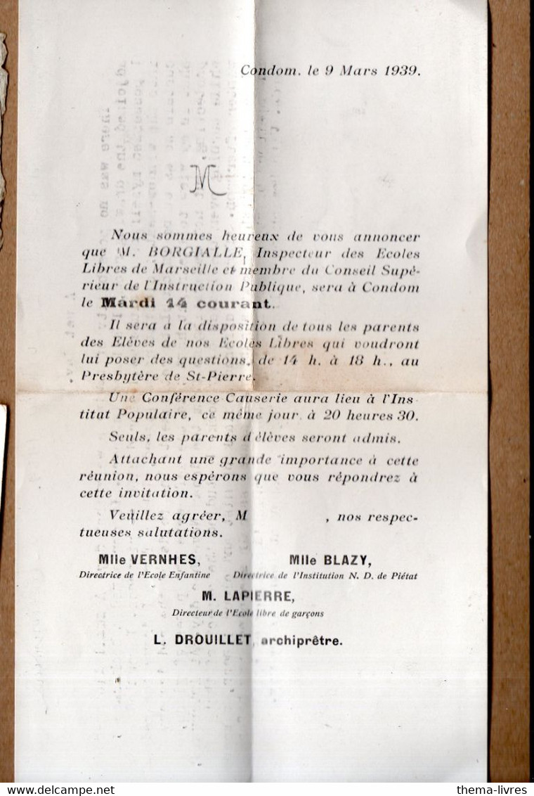 Condom (32) Invitation Conférence Causerie  Mr BORGIALLE Membre Du Conseil Sup De L'instrution Publique 1939 (PPP41169) - Programme