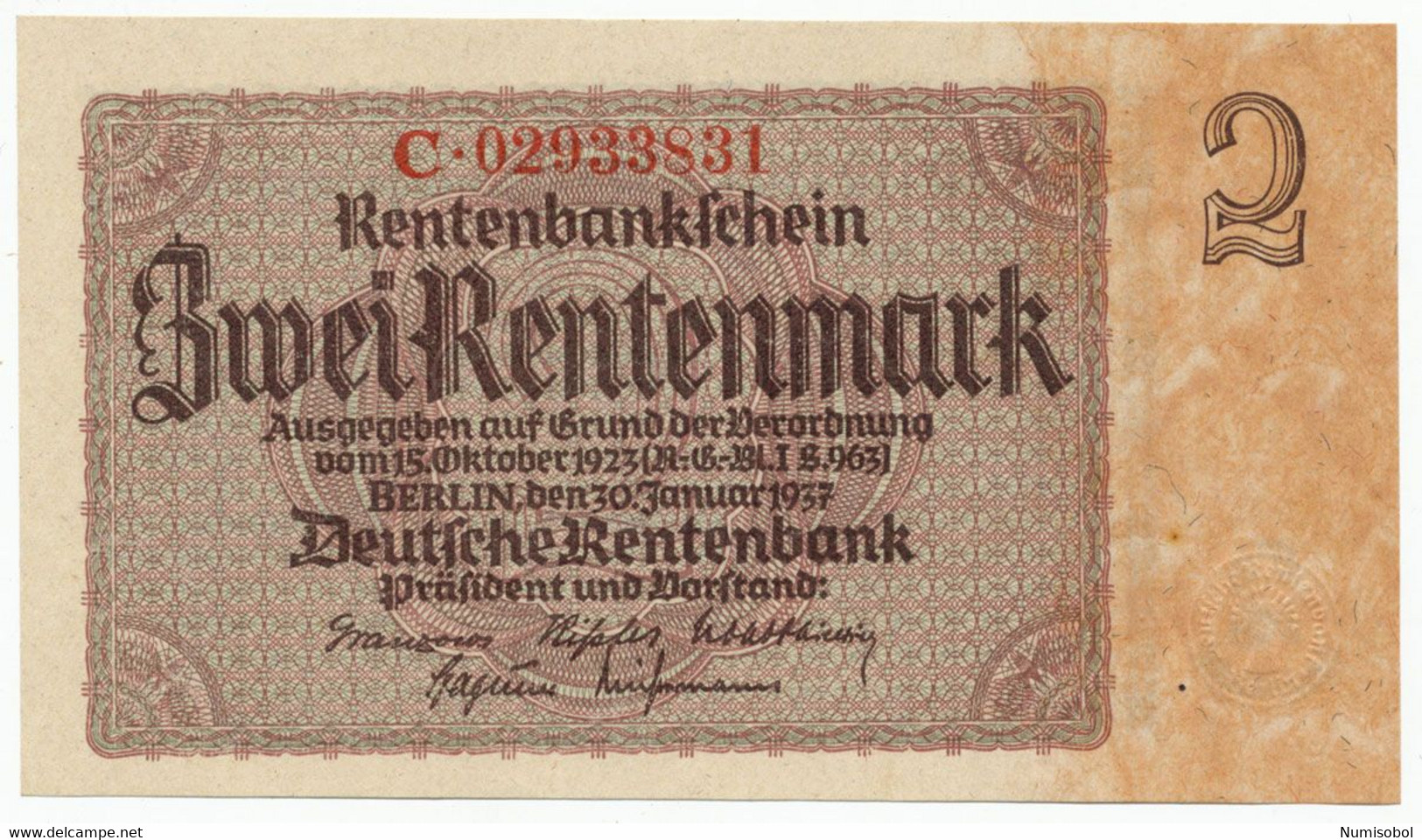 GERMANY, DEUTSCHLAND -2 Rentenmark 30. 1. 1937. P174 Ro167b, UNC (D190) - 2 Rentenmark