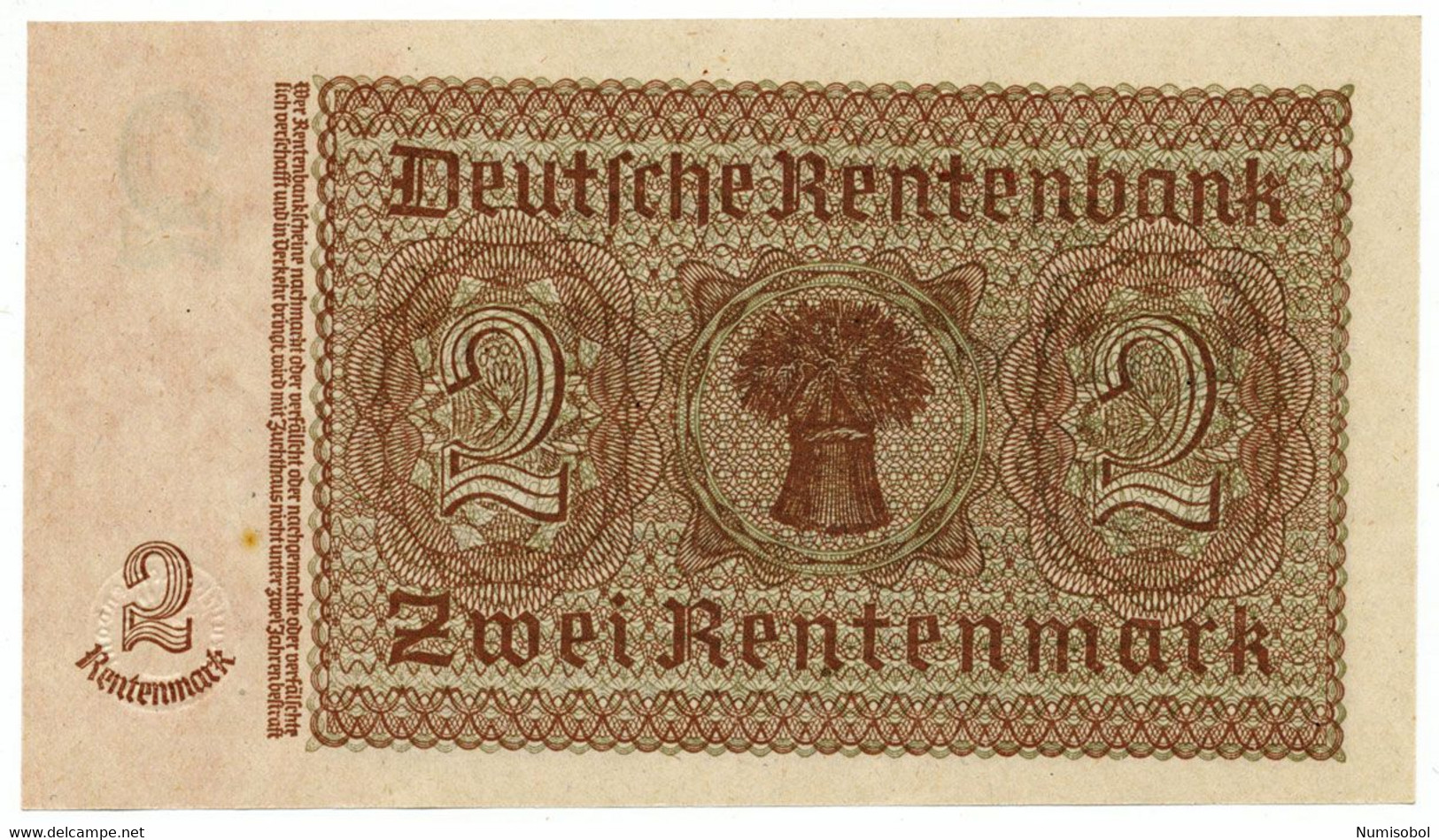 GERMANY, DEUTSCHLAND -2 Rentenmark 30. 1. 1937. P174 Ro167b, UNC (D190) - 2 Rentenmark