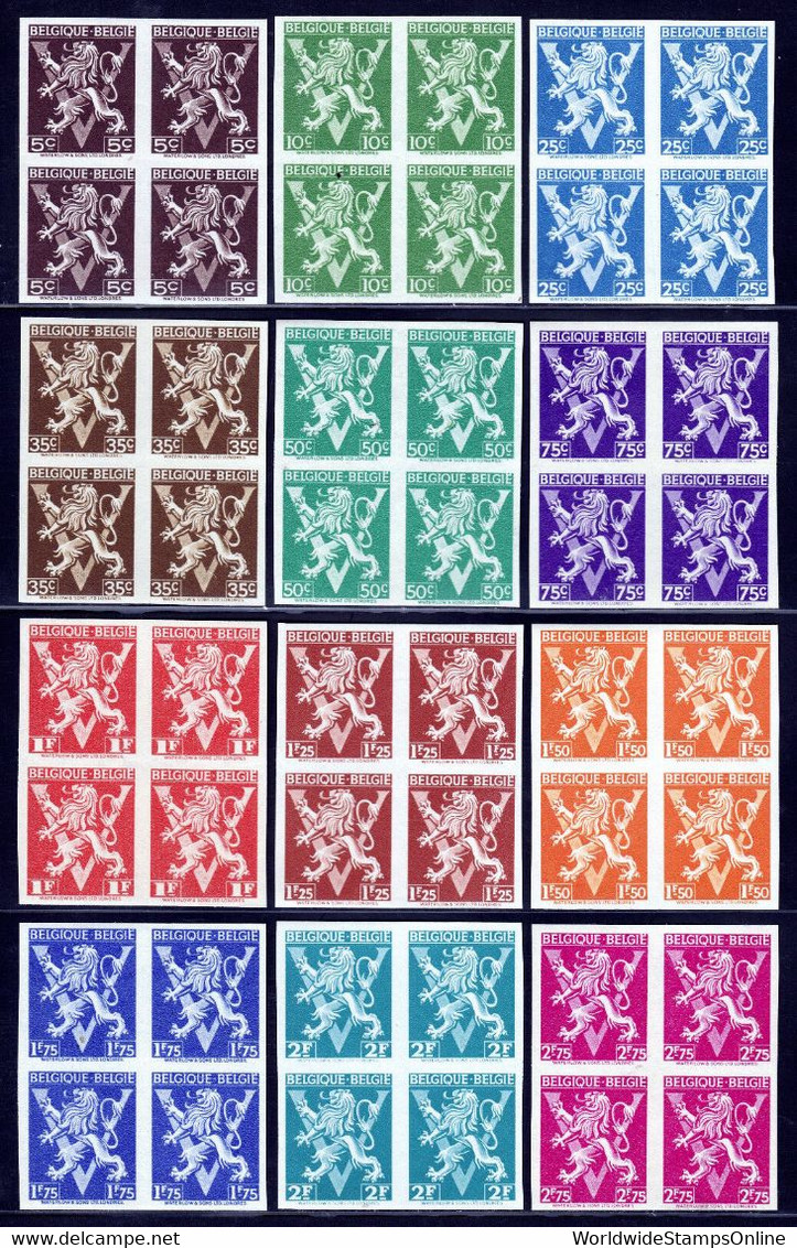 BELGIUM — SCOTT 322-337, 338-353 — LION RAMPANT SETS— MNH IMPERFORATE BLOCKS OF 4 - 1941-1960