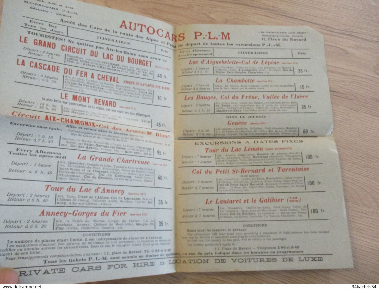 Programme des Excursions 1931 Autocars Bus autobus P.L.M. Majestic Garage Aix Les Bains horaires tarifs destination