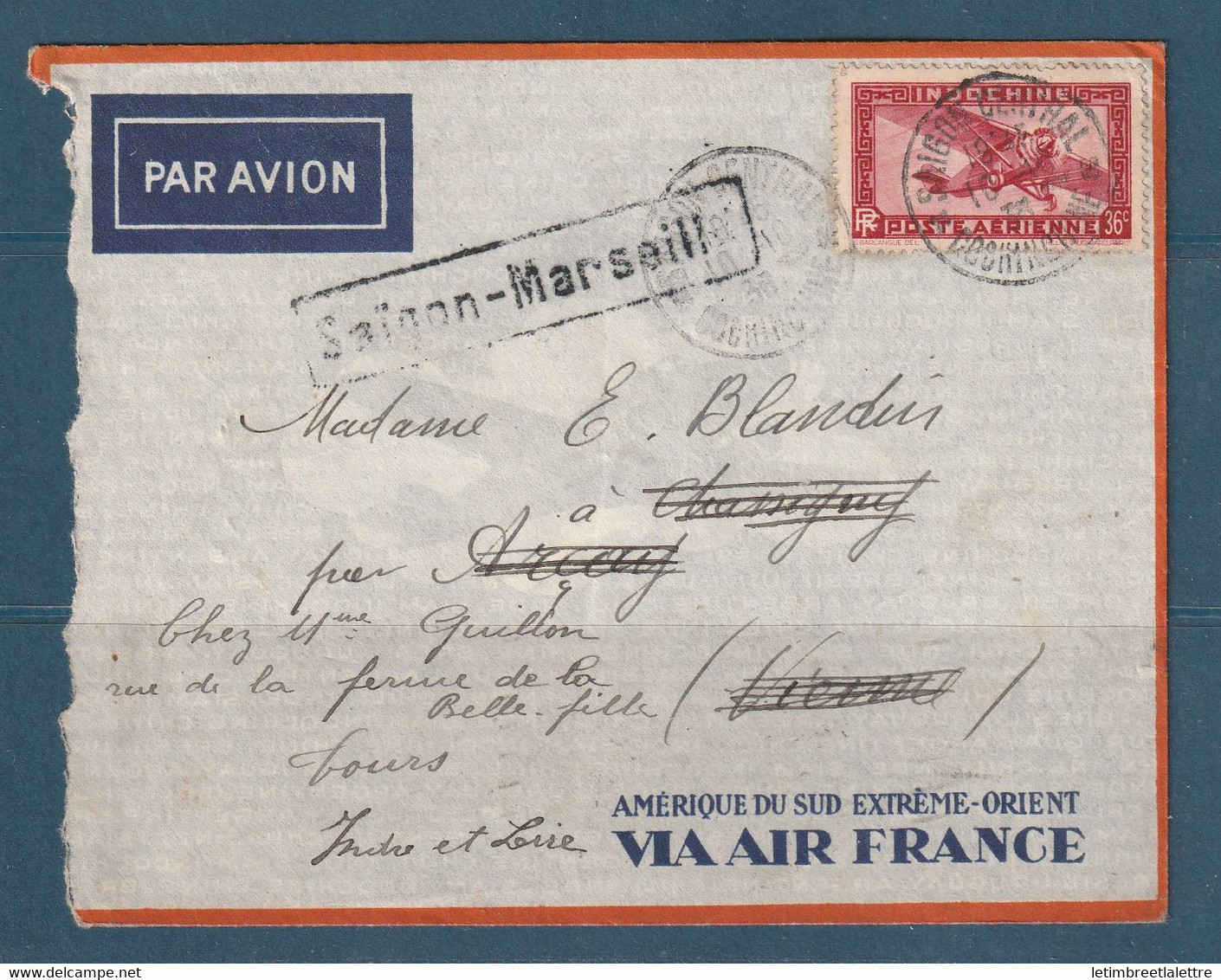 Indochine - Poste Aérienne - YT N° - Saigon Marseille Via Air France - 1936 - Poste Aérienne