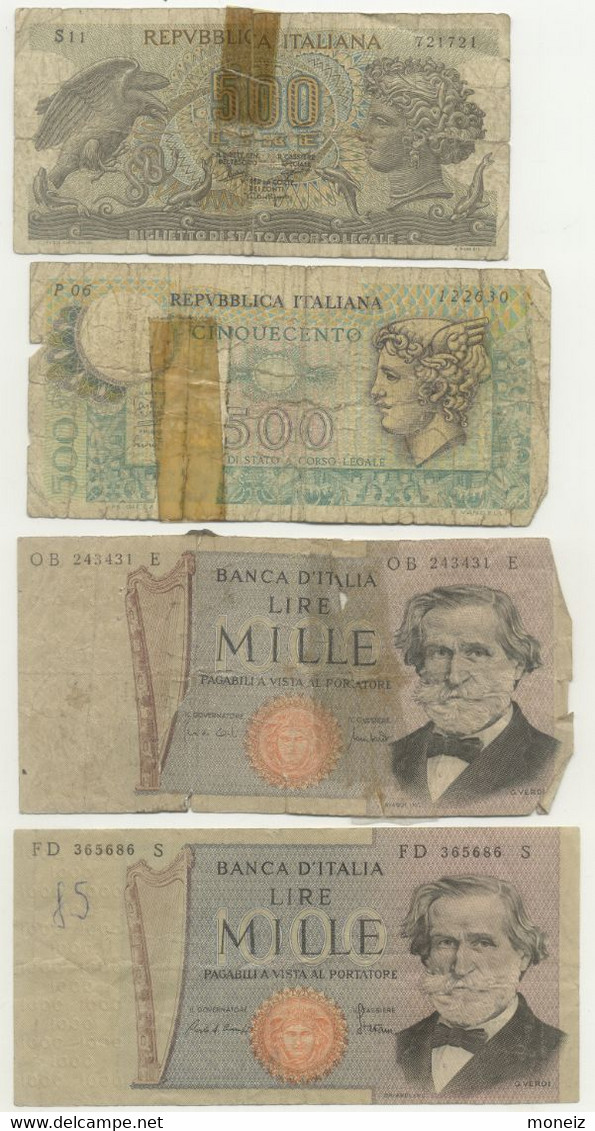 1000 Lire "Verdi" 1971+1981 + 500 Lire "Mercurio 1974 +500 Lire Aretusa 1966 + 50 LIRE "Italia Elmata"  31/12 1951 - Sammlungen