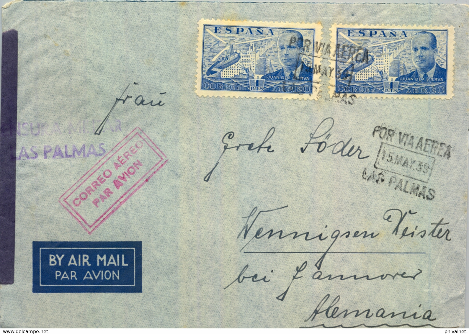 1939 CANARIAS , SOBRE CIRCULADO POR CORREO AÉREO , LAS PALMAS - HANNOVER ,  CENSURA MILITAR - Lettres & Documents