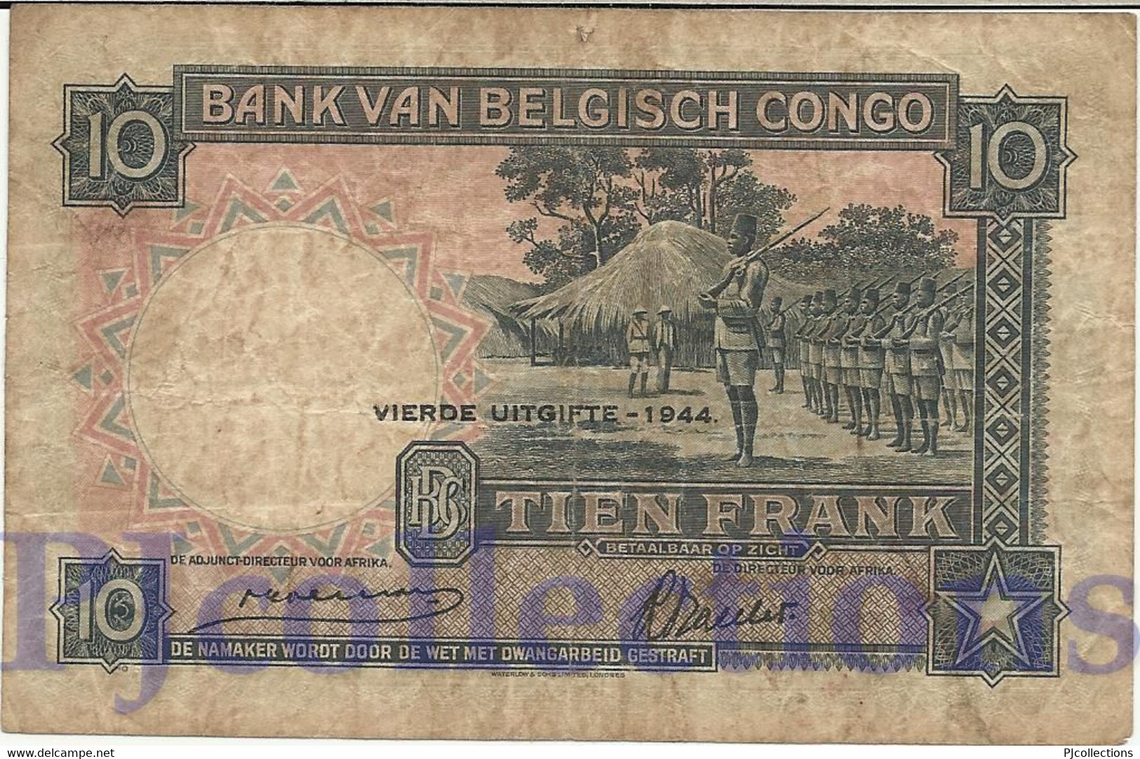 BELGIAN CONGO 10 FRANCS 1944 PICK 14D F+ - Belgian Congo Bank