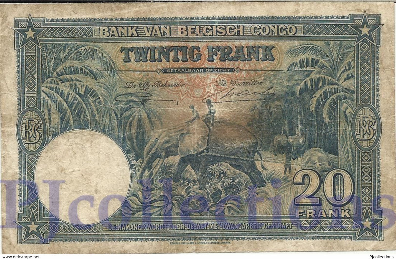 BELGIAN CONGO 20 FRANCS 1946 PICK 15E FINE - Bank Van Belgisch Kongo