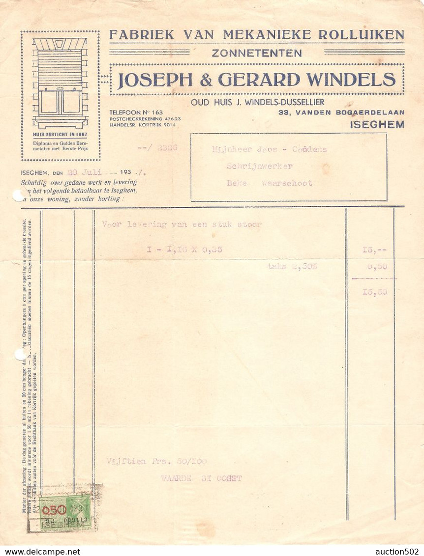 Facture 1937 Joseph & Gerard Windels Iseghem (Izegem) Fabriek Van Mekaniek Rolluiken > Waarschoot + TP Fiscal - Ambachten