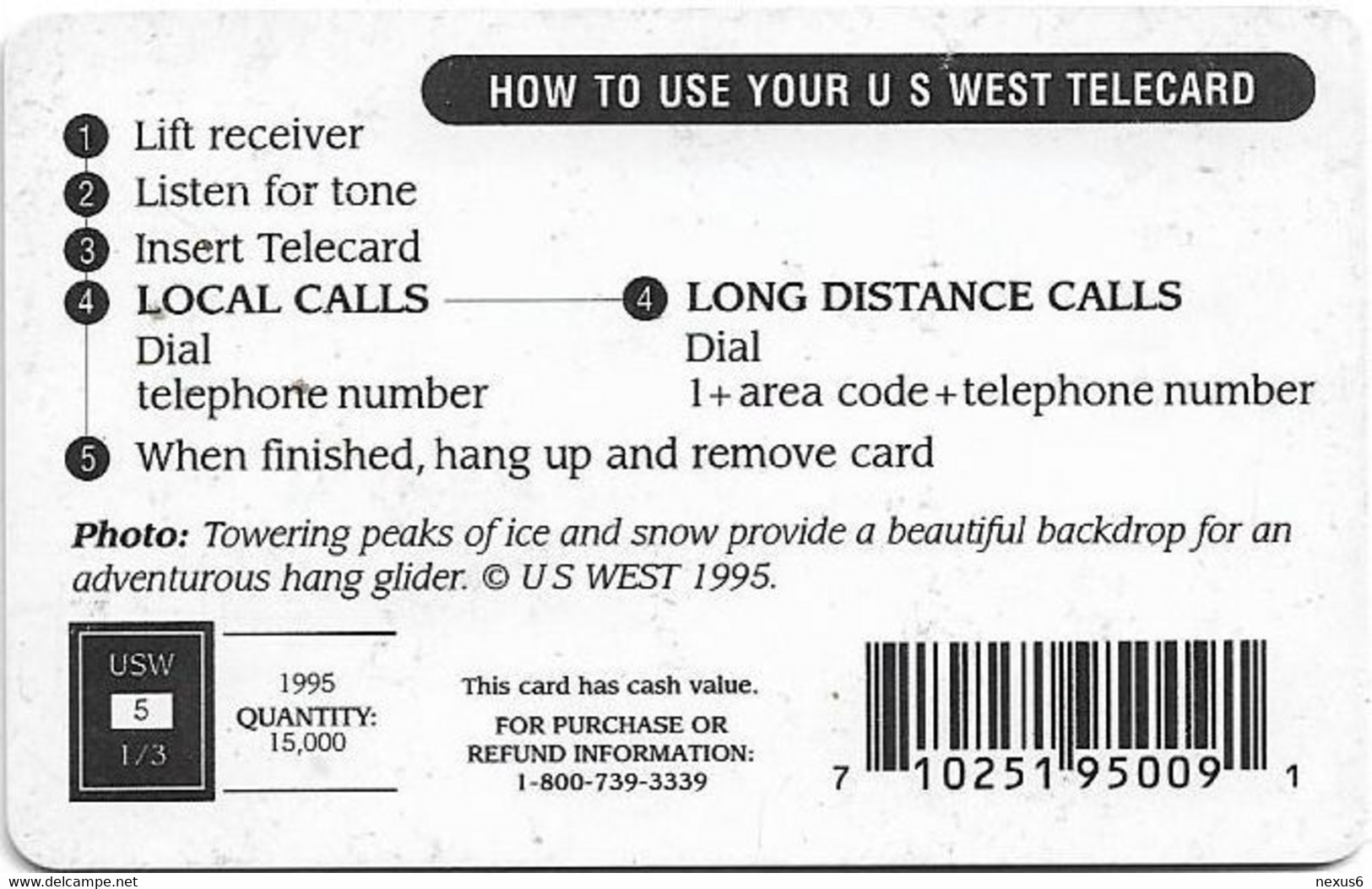 USA - U.S. West (Chip) - Hang Glider, Snow & Ice Mountain, Solaic, 08.1995, 5$, 15.000ex, Used - Cartes à Puce