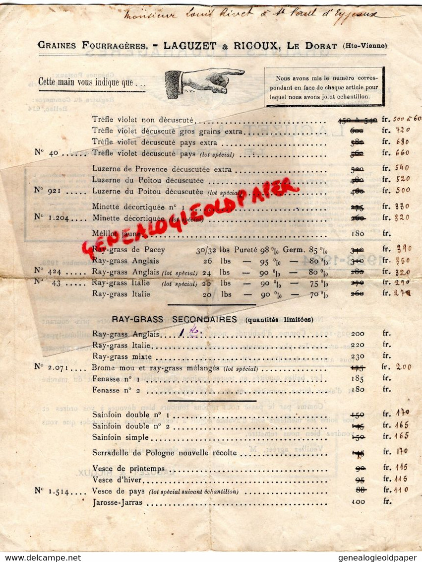 87- LE DORAT - RARE LETTRE PRIX 1923- LAGUZET RICOUX-GRAINES FOURRAGERES-AGRICULTURE -COLZA-AVOINE-PIMPRENELLE-TREFLE - Agricoltura