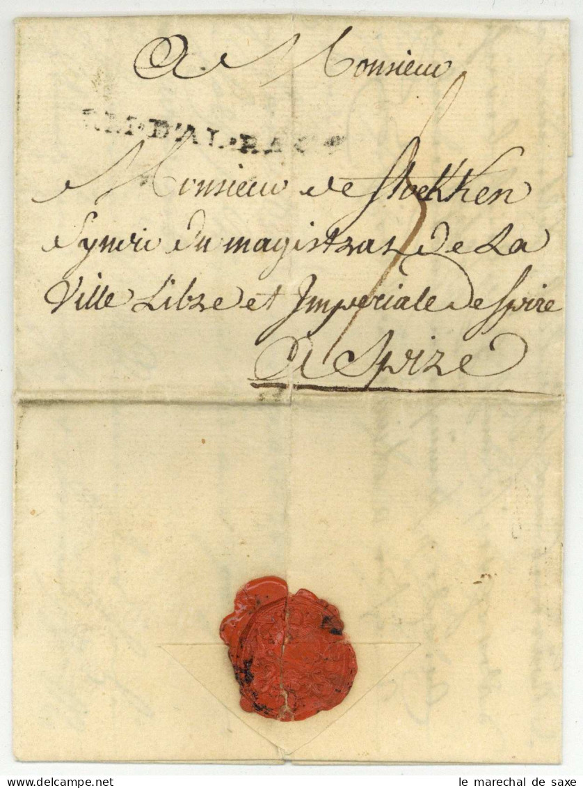 ARM. D'AL.BAS RHIN Guerre De Sept Ans Frankfurt 1760 Pour Speyer Spire Lenain 7A8 - Army Postmarks (before 1900)