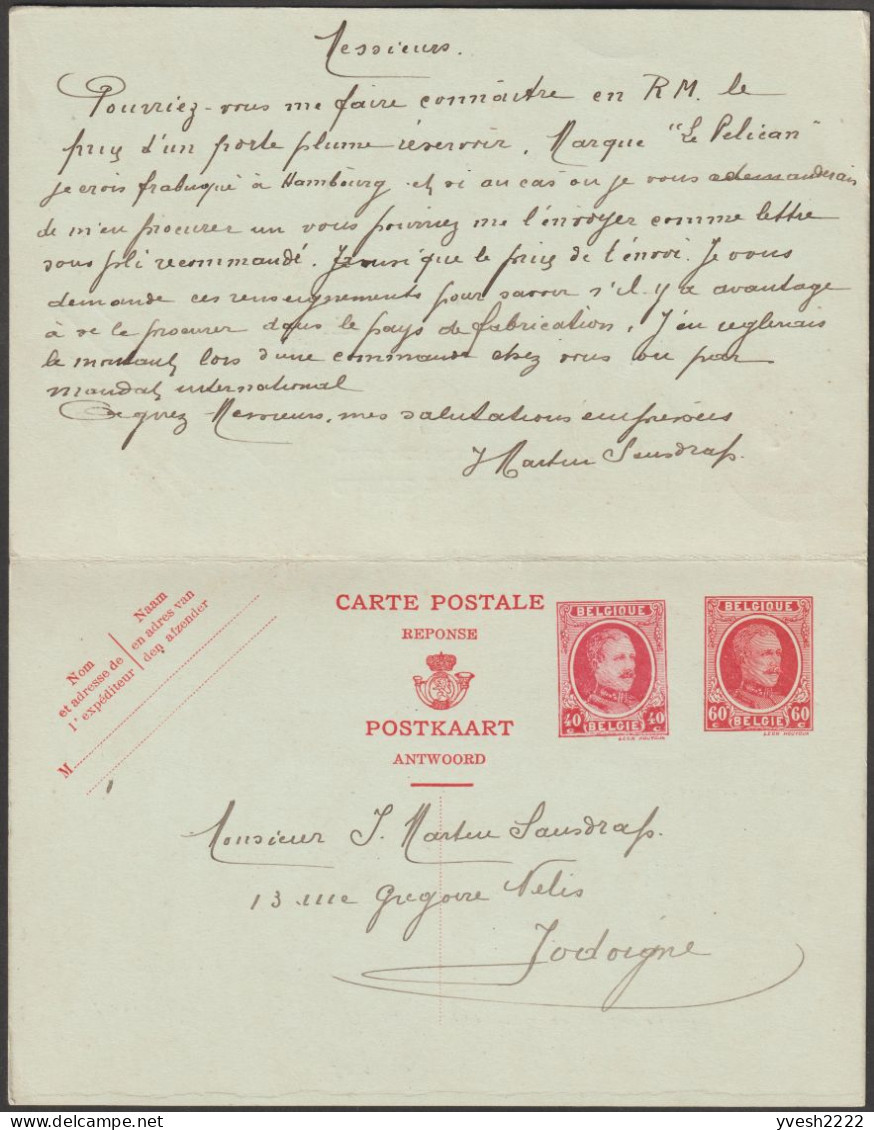 Belgique 1932, Carte Avec Réponse Payée à 60 Et 40 C, Usage Commercial Jodoigne à Hambourg - Antwoord-betaald Briefkaarten