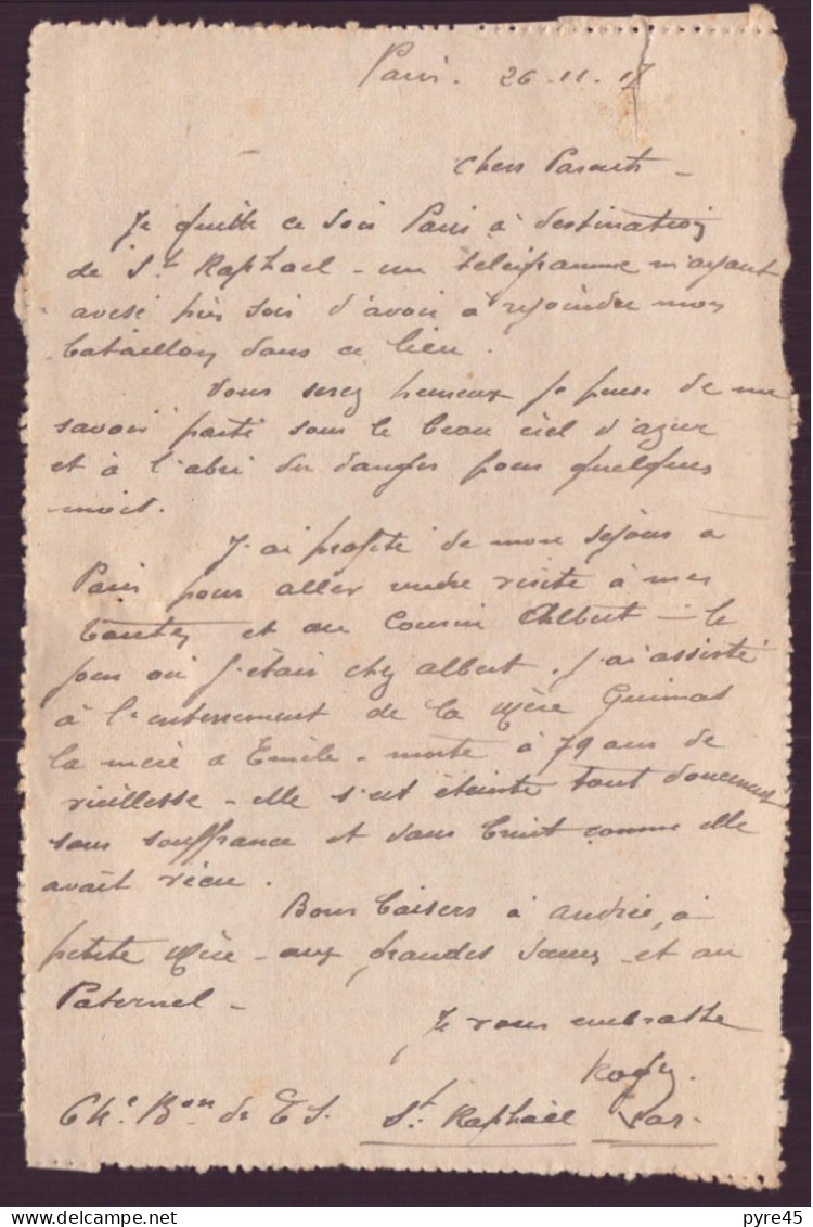 France Enveloppe Du 26 Novembre 1917 De Paris - Autres & Non Classés