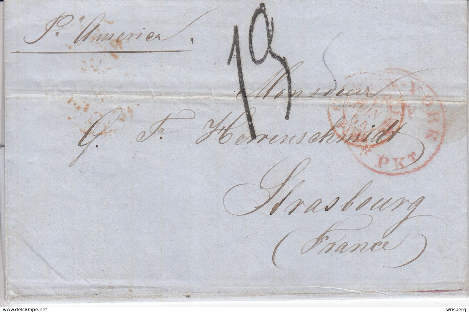 Env.   TAXEE  Obl. NEW-YORK  Du 6.6.1854   Adressée à STRASBOURG - …-1845 Préphilatélie