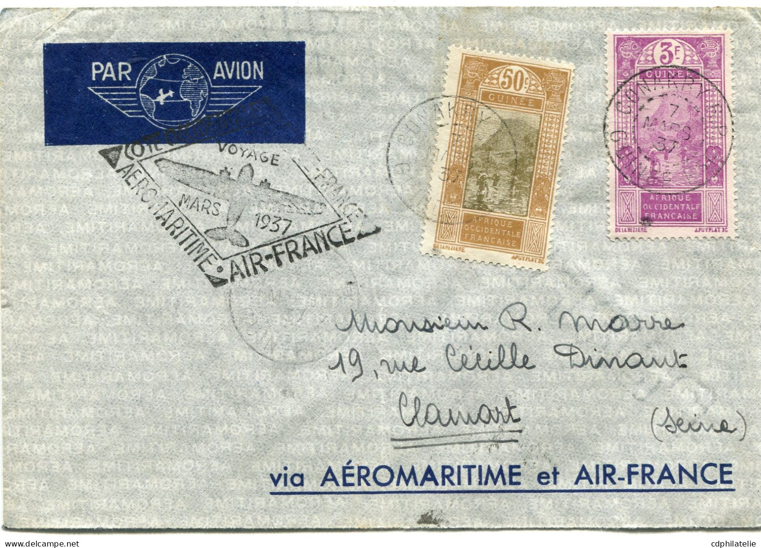 GUINEE LETTRE PAR AVION AVEC CACHET " 1er VOYAGE MARS 1937 " DEPART CONAKRY 7 MARS 37 GUINEE FRANCAISE POUR LA FRANCE - Covers & Documents