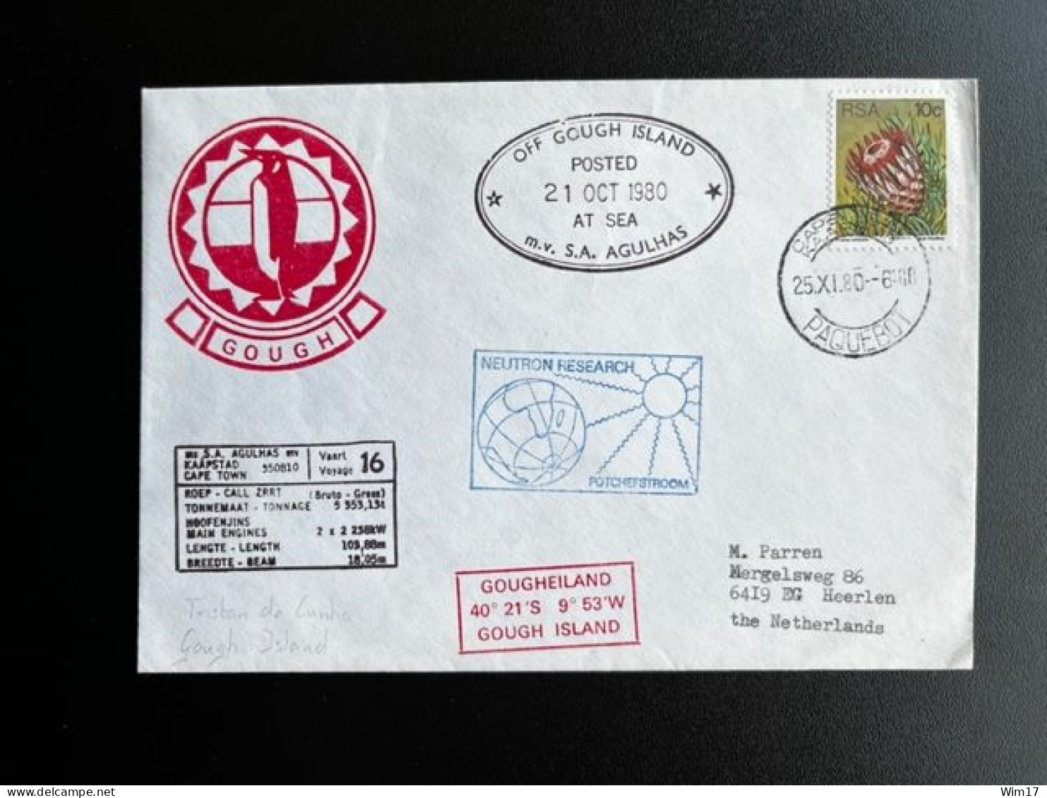 SOUTH AFRICA RSA 1980 LETTER GOUGH ISLAND VIA CAPETOWN TO THE NETHERLANDS 21-10-1980 ZUID AFRIKA PAQUEBOT - Lettres & Documents