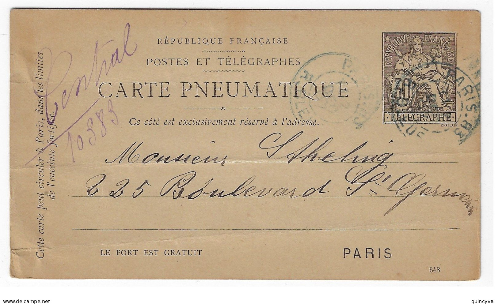 PARIS Rue Bleue 30c Noir Chaplain Carte Entier Pneumatique Ob 1887 Yv 2511 - Pneumatische Post