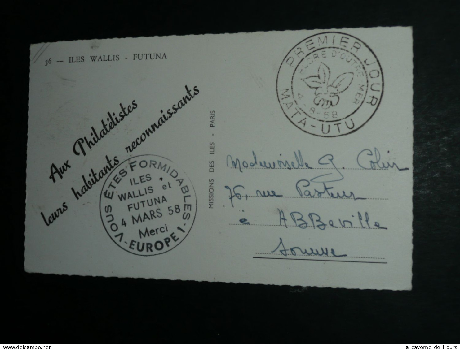 CPSM 1958, Carte Postale, Wallis Et Futuna, Timbre Flore D'outre-mer, 1er Premier Jour, Tampon Europe 1 - Wallis-Et-Futuna